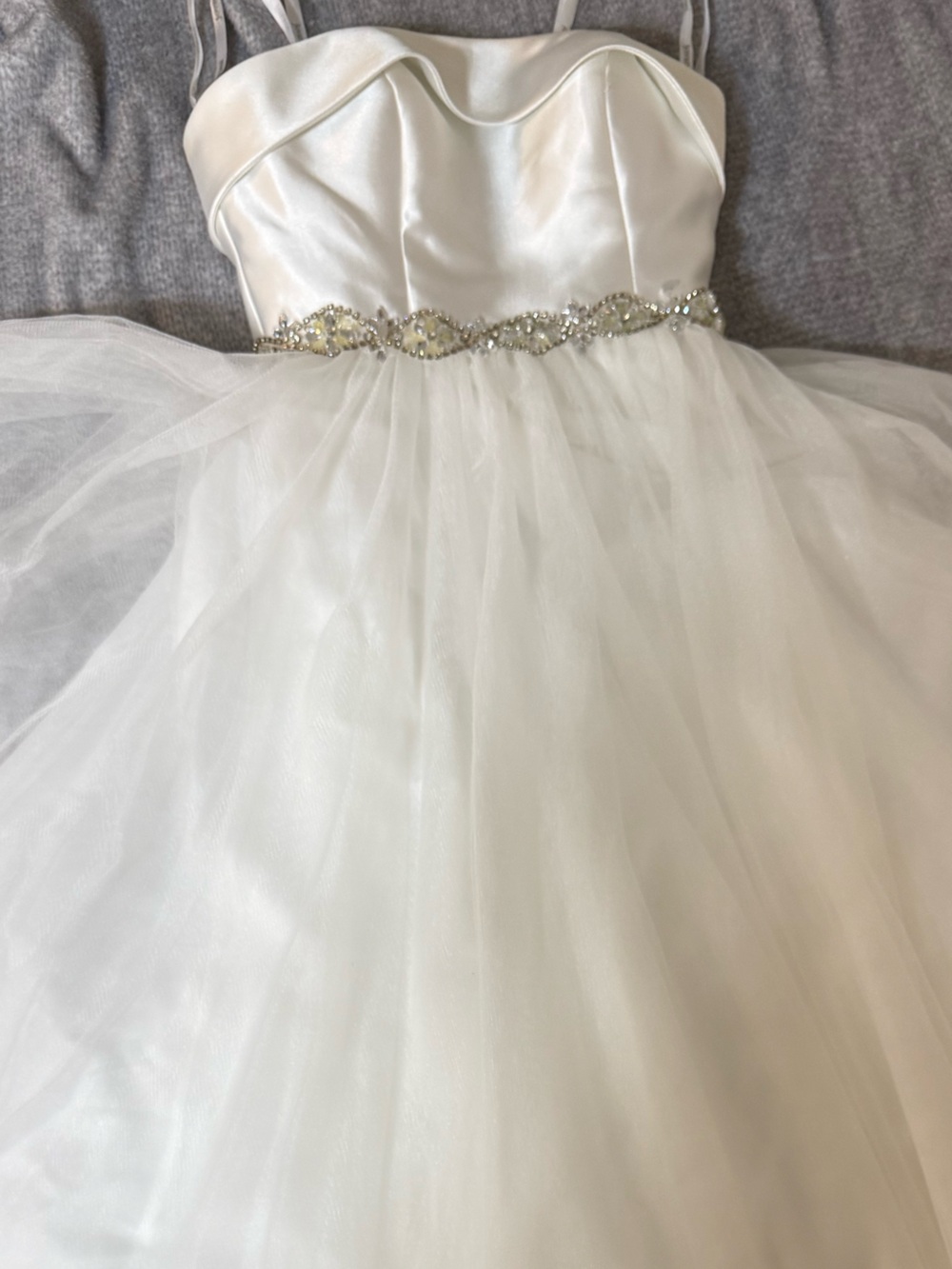 Jovani White Strapless Tulle Wedding Dress with Beaded Waist